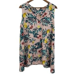 Misia Womens 1X Pink Tropical Lemon Floral Sleeveless‎ Tank Top Resort Boho